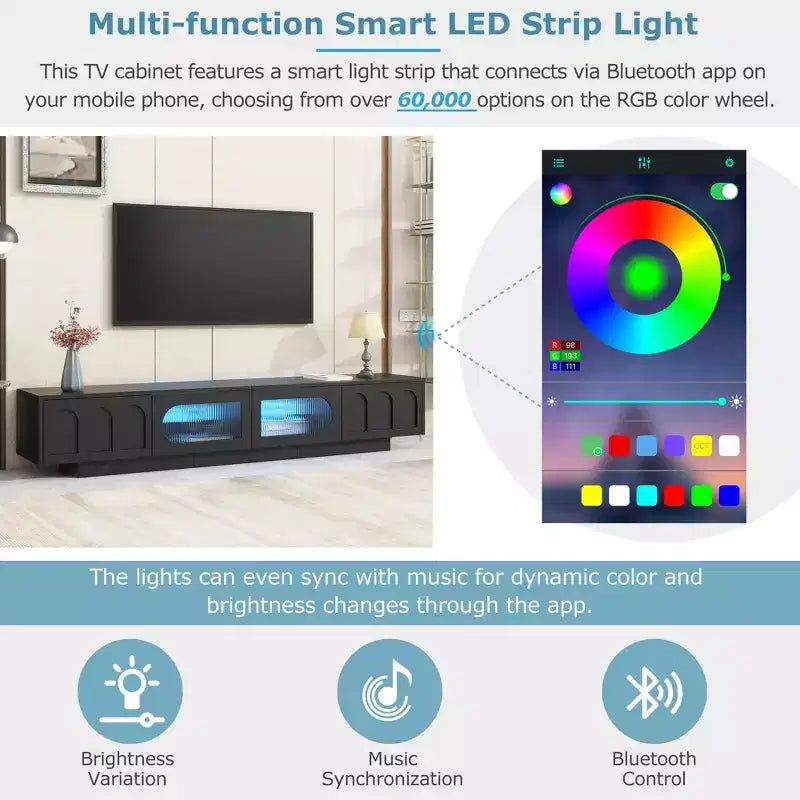 Meuble TV blanc avec portes en verre cannelé Console multimédia à LED