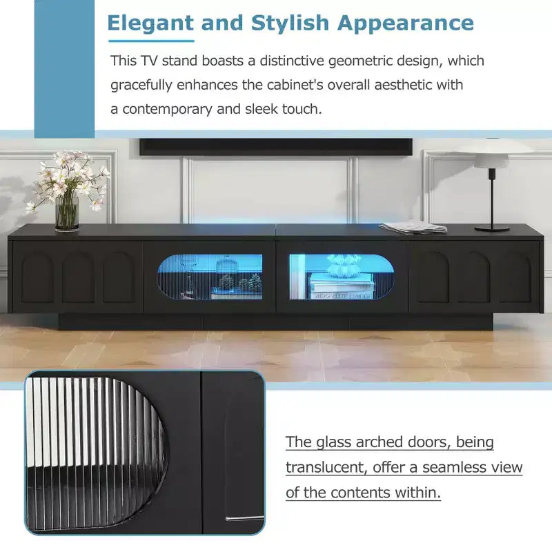 Meuble TV blanc avec portes en verre cannelé Console multimédia à LED