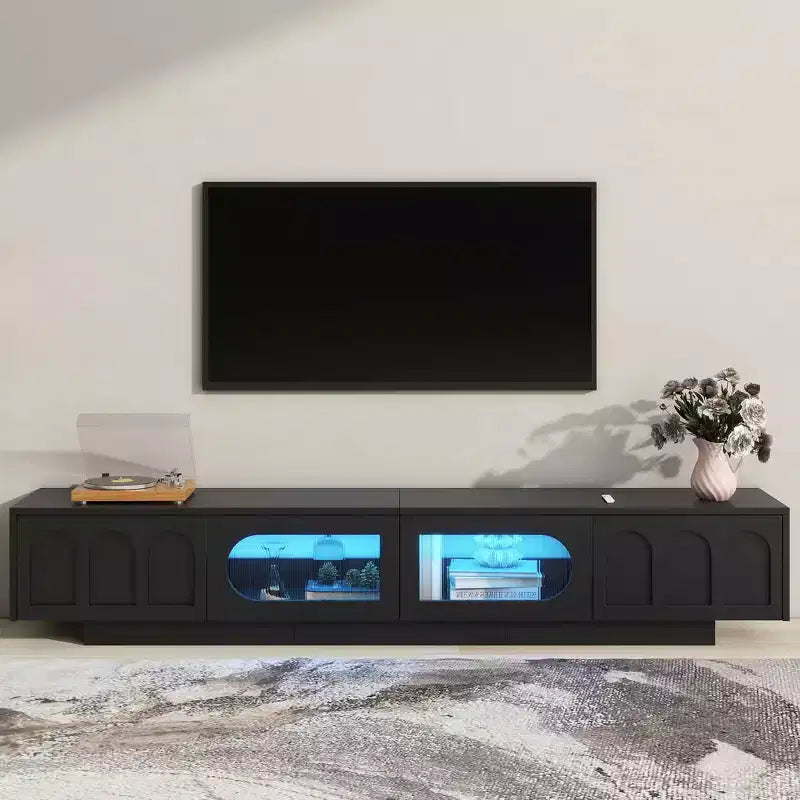 MAYEERTY White TV Stand with Fluted Glass Doors APP LED Media Console for 95 TVs