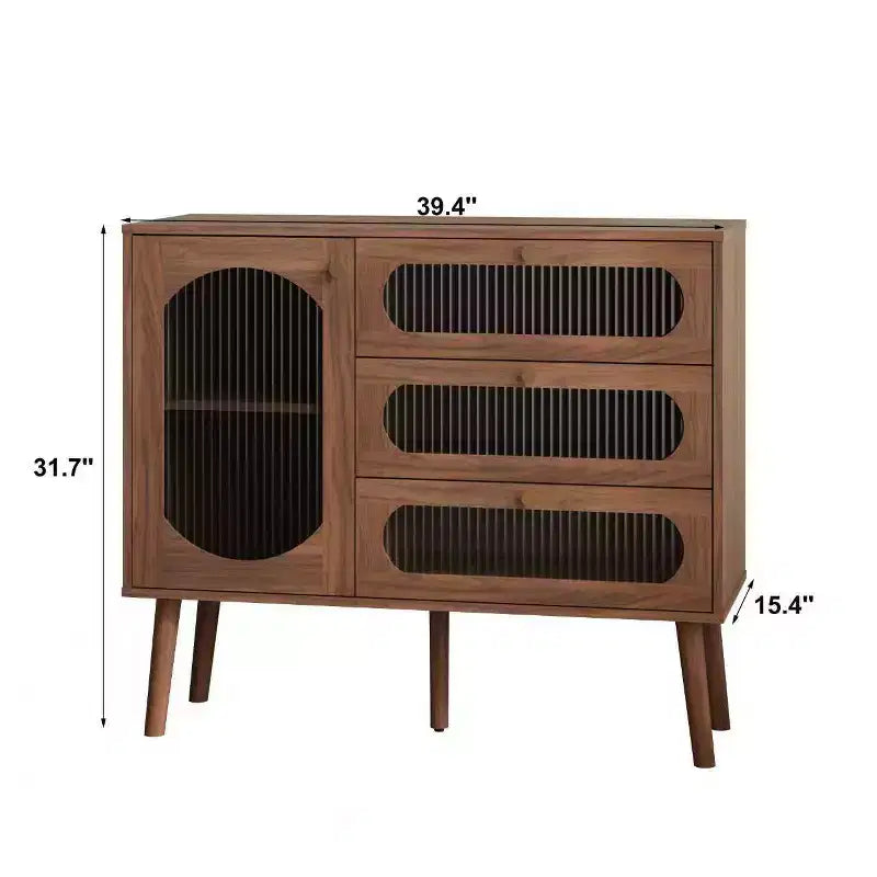 Un meuble de rangement décoratif en bois avec trois tiroirs et portes