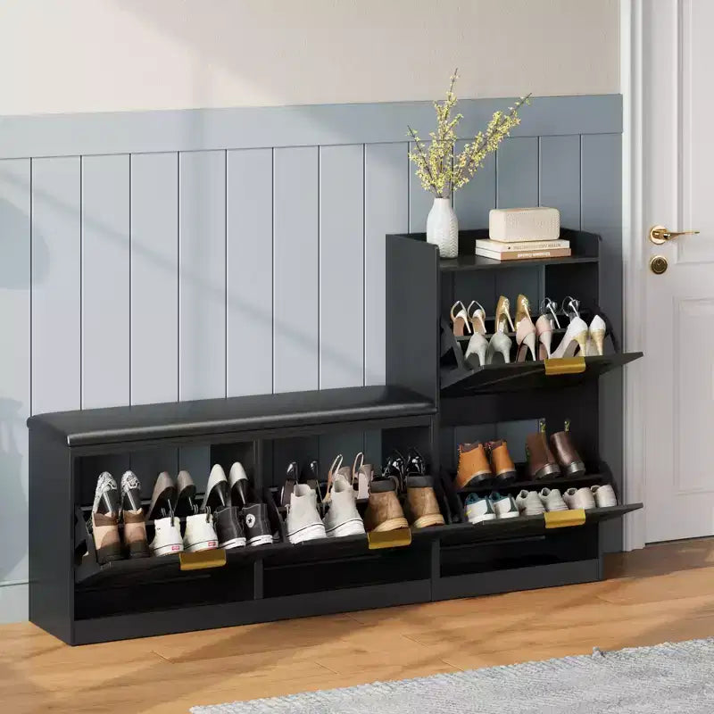 Shoe Cabinet Freestanding Shoe Rack Bench with 4 Flip-Top Drawers Shoe Storage Rack and Comfortable Cushioned Seat Suitable for Foyer and Hallway