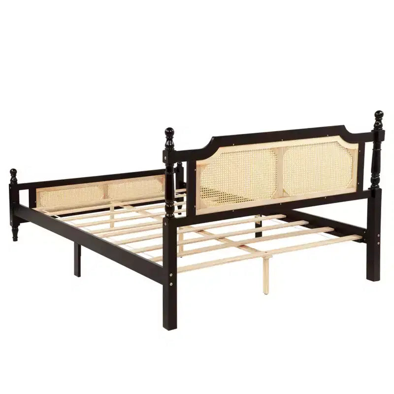 Lit plateforme Queen Size avec tête et pied de lit en rotin, lit en bois et rotin