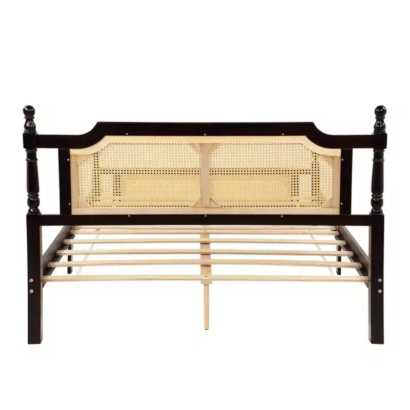 Lit plateforme Queen Size avec tête et pied de lit en rotin, lit en bois et rotin