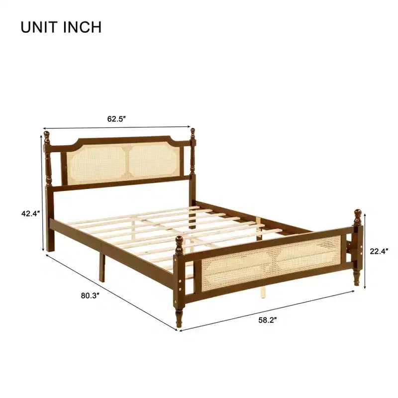 Lit plateforme Queen Size avec tête et pied de lit en rotin, lit en bois et rotin