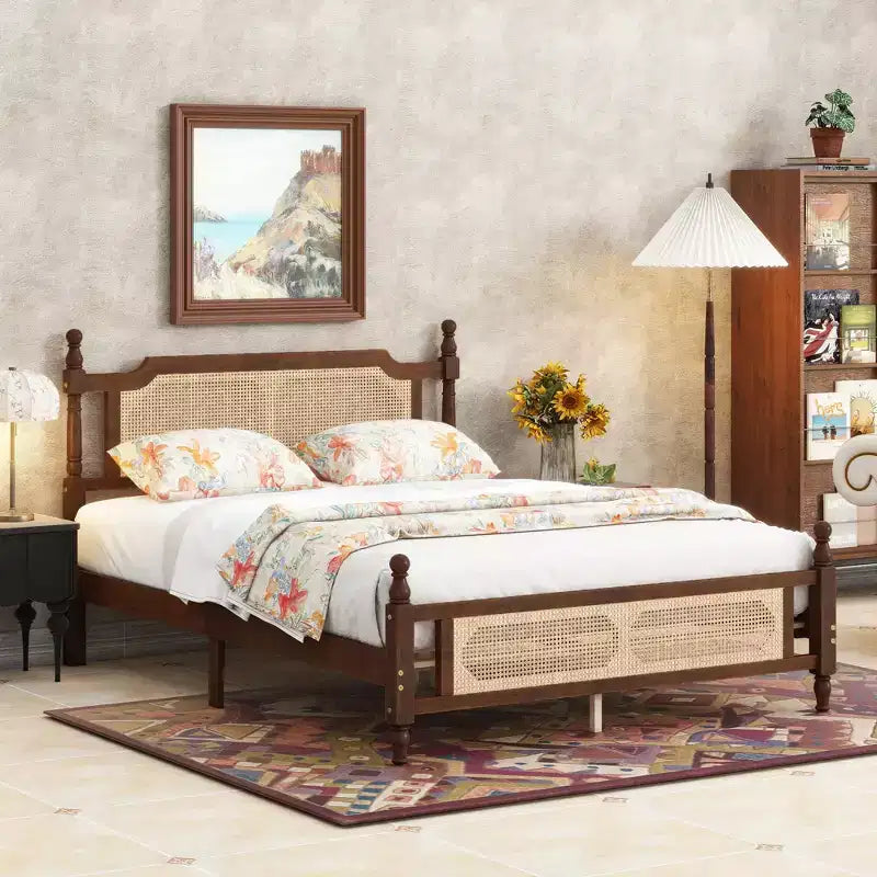 Lit plateforme Queen Size avec tête et pied de lit en rotin, lit en bois et rotin