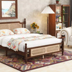 Lit plateforme Queen Size avec tête et pied de lit en rotin, lit en bois et rotin