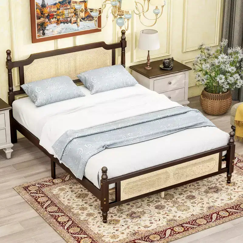 Lit plateforme Queen Size avec tête et pied de lit en rotin, lit en bois et rotin