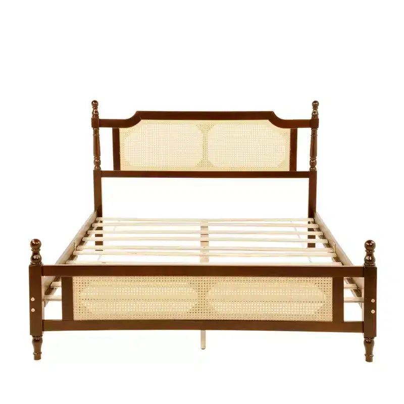 Lit plateforme Queen Size avec tête et pied de lit en rotin, lit en bois et rotin