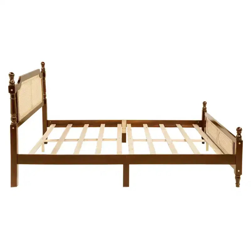 Lit plateforme Queen Size avec tête et pied de lit en rotin, lit en bois et rotin