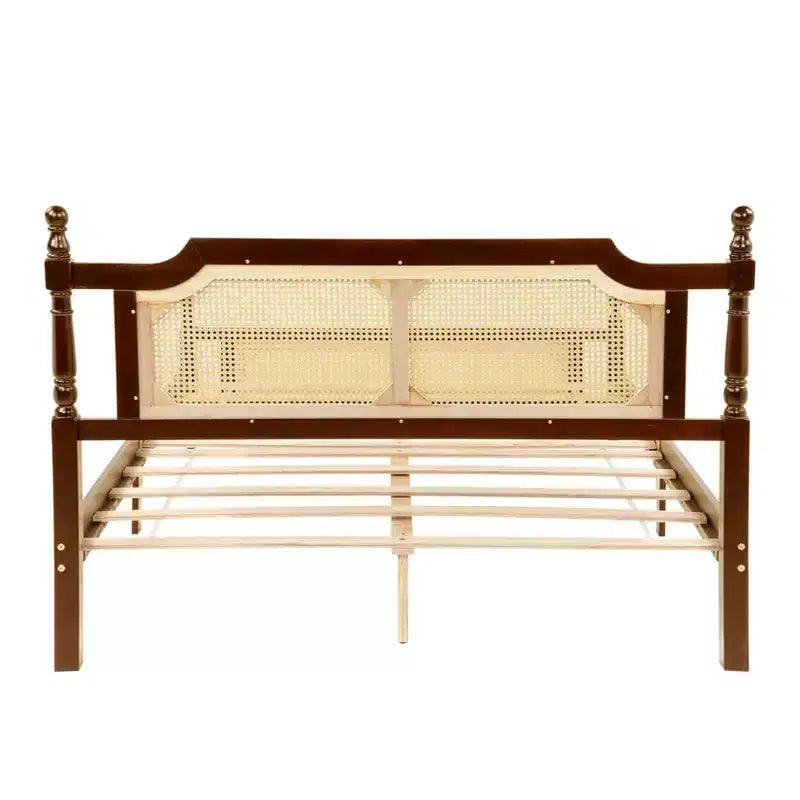 Lit plateforme Queen Size avec tête et pied de lit en rotin, lit en bois et rotin