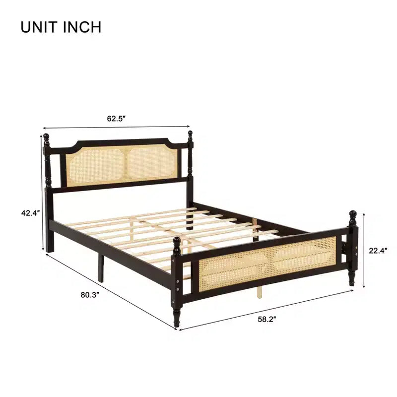 Lit plateforme Queen Size avec tête et pied de lit en rotin, lit en bois et rotin