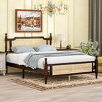 Lit plateforme Queen Size avec tête et pied de lit en rotin, lit en bois et rotin