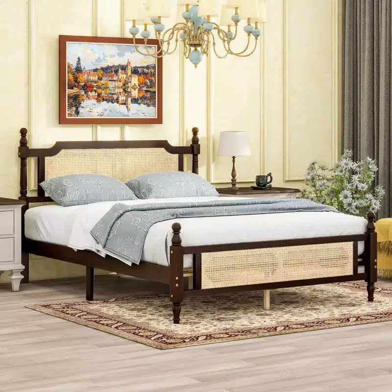 Lit plateforme Queen Size avec tête et pied de lit en rotin, lit en bois et rotin