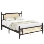 Lit plateforme Queen Size avec tête et pied de lit en rotin, lit en bois et rotin