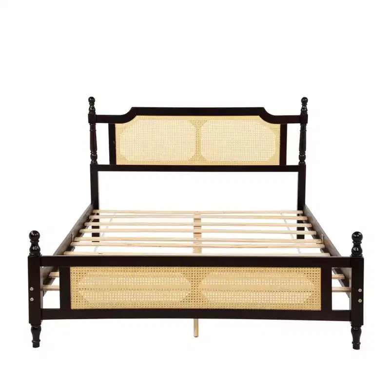 Lit plateforme Queen Size avec tête et pied de lit en rotin, lit en bois et rotin