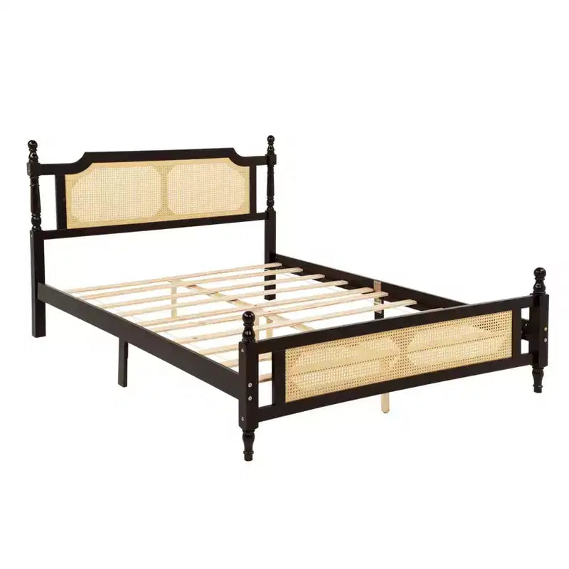 Lit plateforme Queen Size avec tête et pied de lit en rotin, lit en bois et rotin