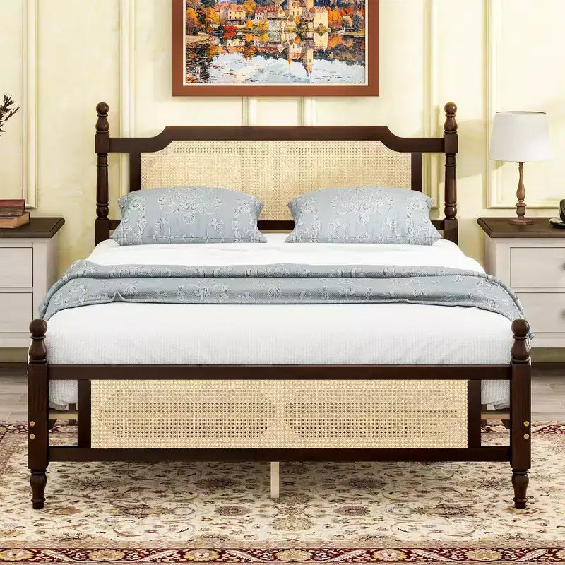 Queen Size Platform with Rattan Headboard and Footboard Wooden Rattan Bed with Central Enhanced