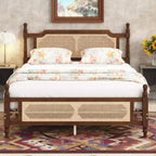 Lit plateforme Queen Size avec tête et pied de lit en rotin, lit en bois et rotin