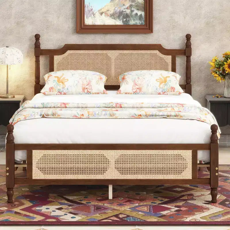 Lit plateforme Queen Size avec tête et pied de lit en rotin, lit en bois et rotin