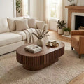 JVNOXK 43.70 Inch Modern Handcraft Drum Coffee Table Oval Coffee Table for Living Room Small Wooden Coffee Table with Sturdy Pedestal for Office