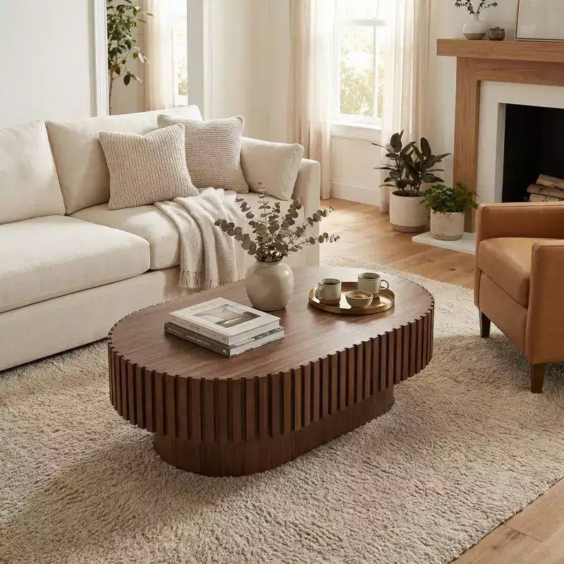 JVNOXK 43.70 Inch Modern Handcraft Drum Coffee Table Oval Coffee Table for Living Room Small Wooden Coffee Table with Sturdy Pedestal for Office