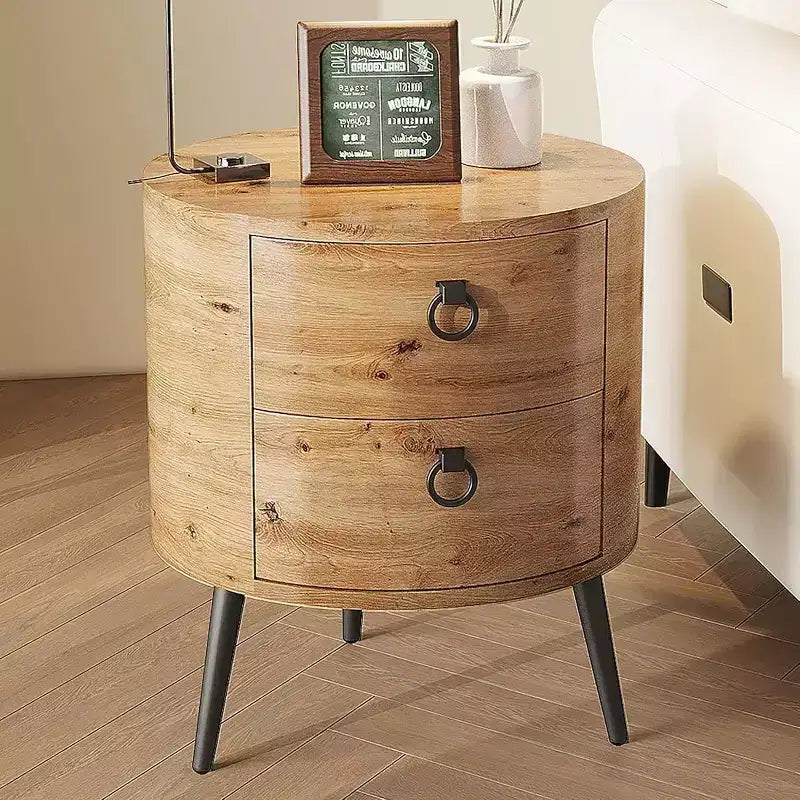 Rustic Round Side Table with 2 Drawers Mid Century Wooden End Table with Metal Legs for Living Room Bedroom Natural Wood Color