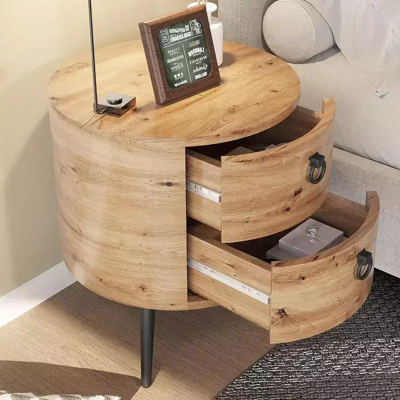Table d'appoint ronde rustique avec 2 tiroirs, table de chevet en bois de style Mid-century