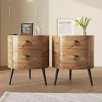 Table d'appoint ronde rustique avec 2 tiroirs, table de chevet en bois de style Mid-century
