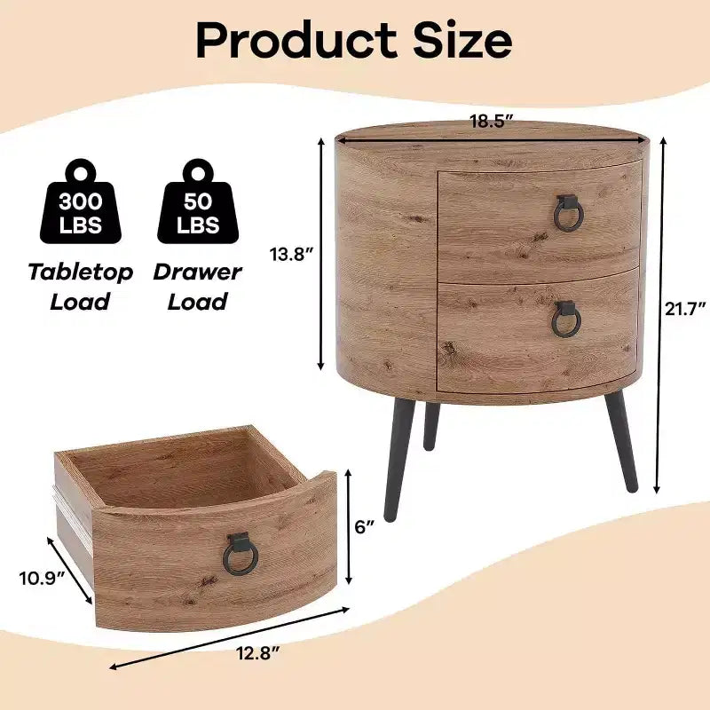 Table d'appoint ronde rustique avec 2 tiroirs, table de chevet en bois de style Mid-century