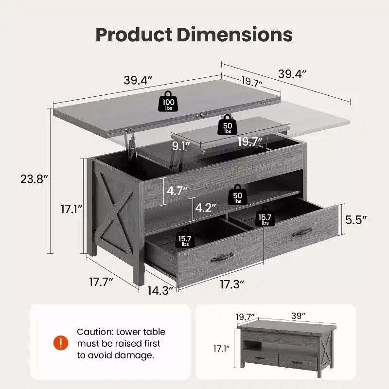Table basse relevable avec espace de rangement, style campagne