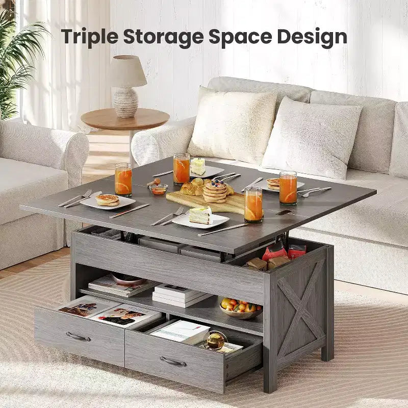 Table basse relevable avec espace de rangement, style campagne