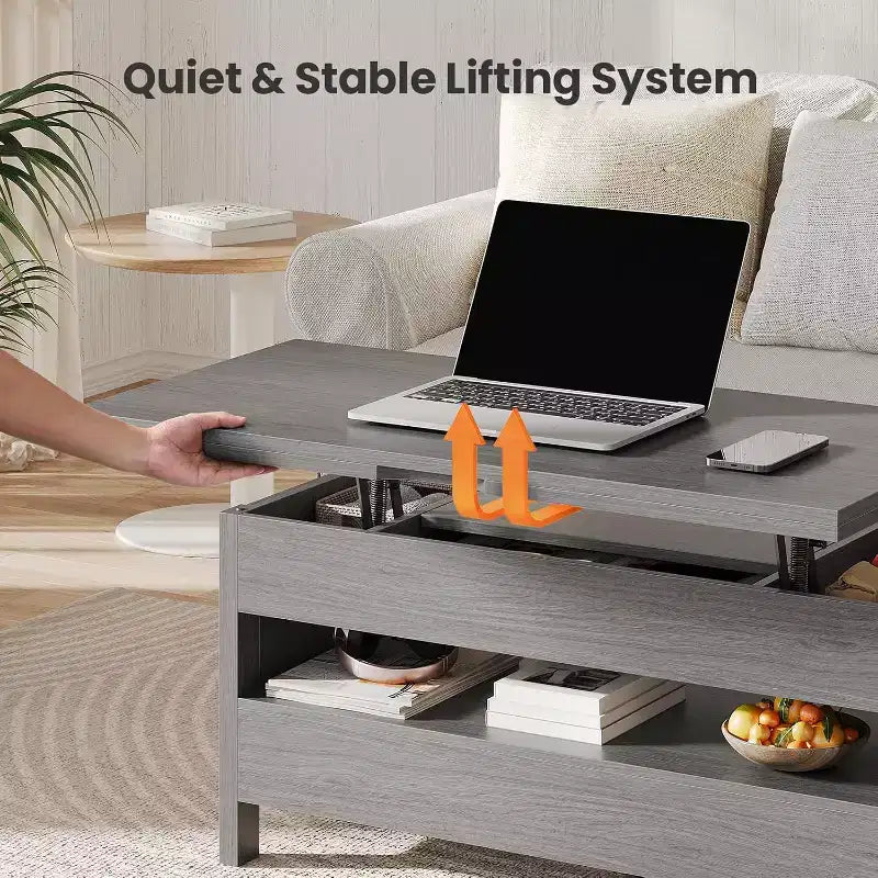 Table basse relevable avec espace de rangement, style campagne