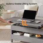 Table basse relevable avec espace de rangement, style campagne
