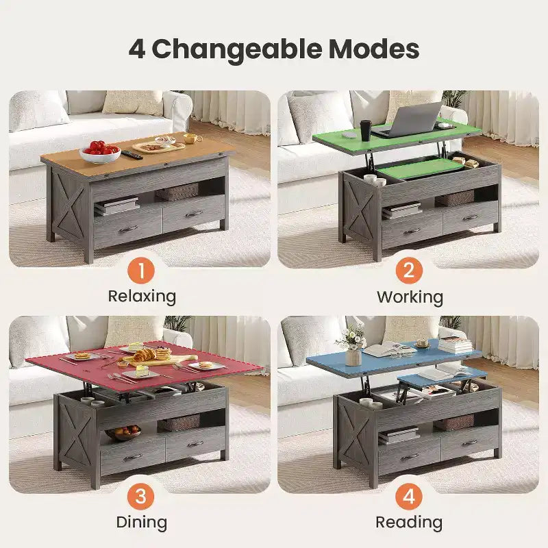 Table basse relevable avec espace de rangement, style campagne