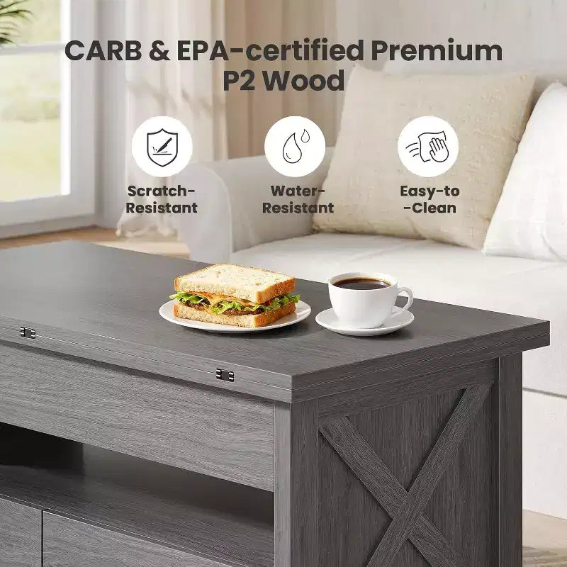 Table basse relevable avec espace de rangement, style campagne