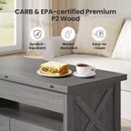 Table basse relevable avec espace de rangement, style campagne