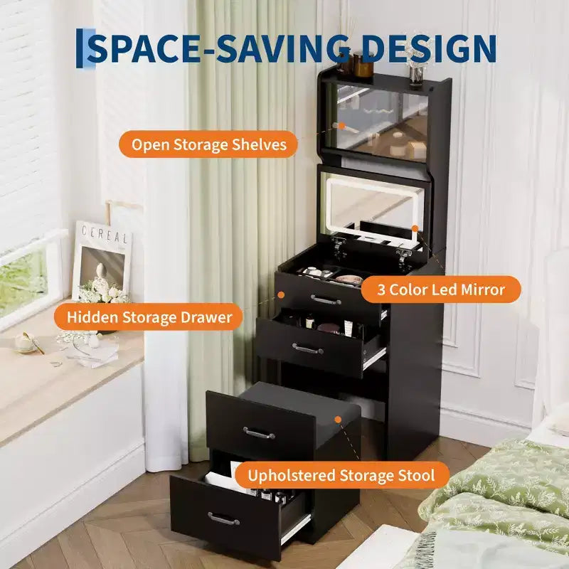 Coiffeuse 3-en-1 compacte avec portes en acrylique, boîte à bijoux et chaise intégrée