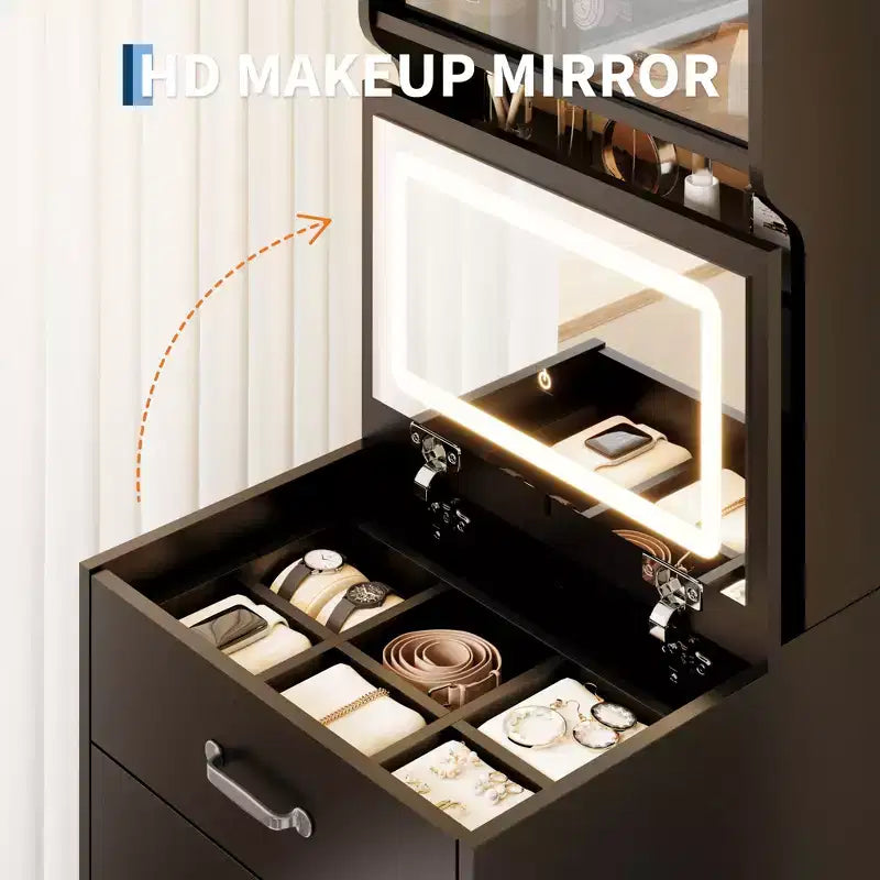 Coiffeuse 3-en-1 compacte avec portes en acrylique, boîte à bijoux et chaise intégrée