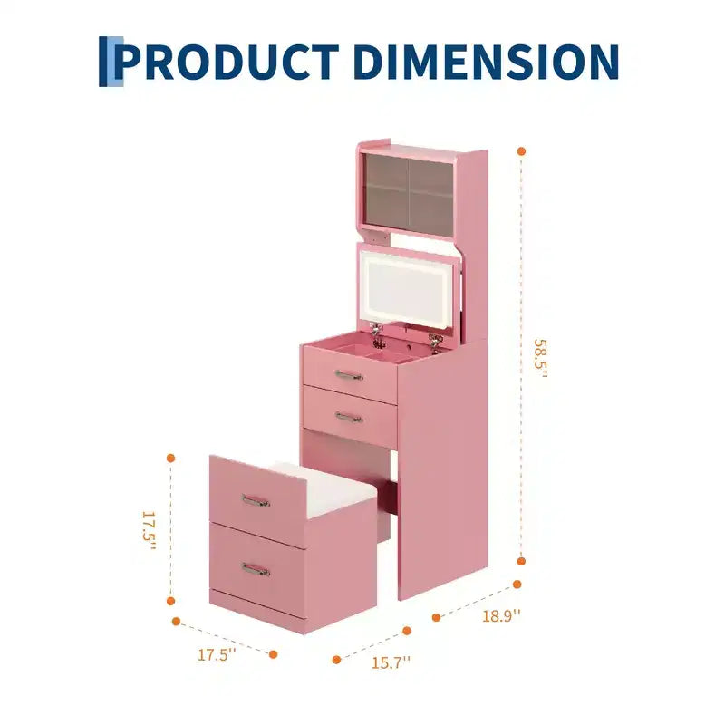 Coiffeuse 3-en-1 compacte avec portes en acrylique, boîte à bijoux et chaise intégrée