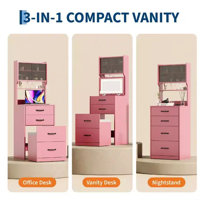 Coiffeuse 3-en-1 compacte avec portes en acrylique, boîte à bijoux et chaise intégrée