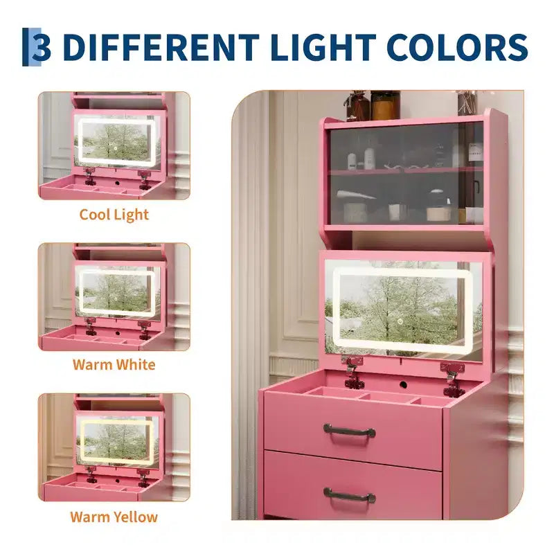 Coiffeuse 3-en-1 compacte avec portes en acrylique, boîte à bijoux et chaise intégrée