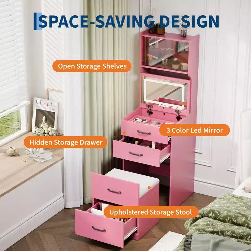 Coiffeuse 3-en-1 compacte avec portes en acrylique, boîte à bijoux et chaise intégrée