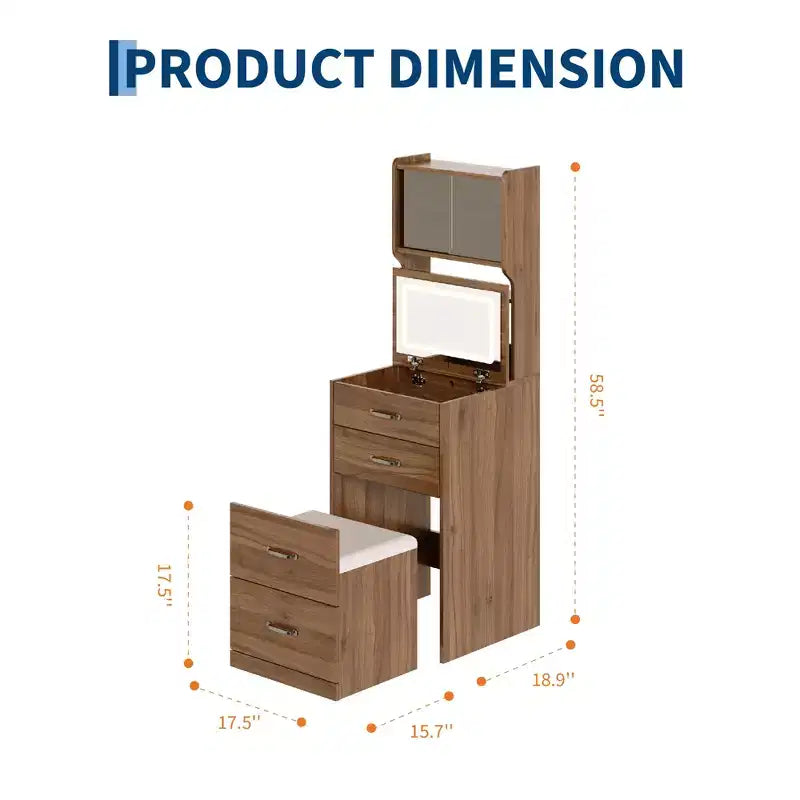 Coiffeuse 3-en-1 compacte avec portes en acrylique, boîte à bijoux et chaise intégrée