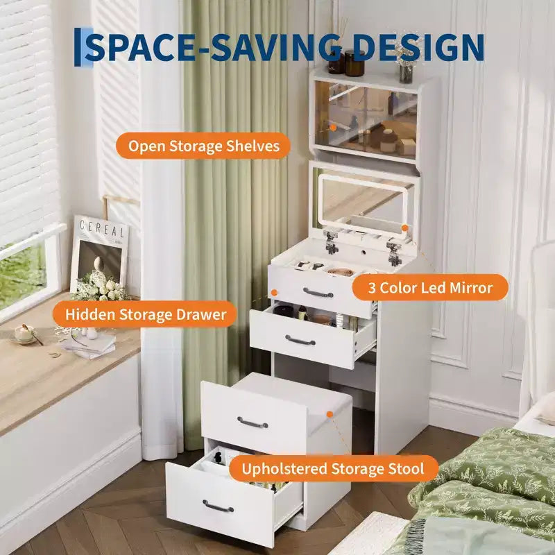 Coiffeuse 3-en-1 compacte avec portes en acrylique, boîte à bijoux et chaise intégrée