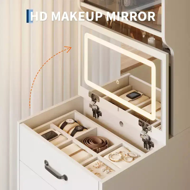 Coiffeuse 3-en-1 compacte avec portes en acrylique, boîte à bijoux et chaise intégrée