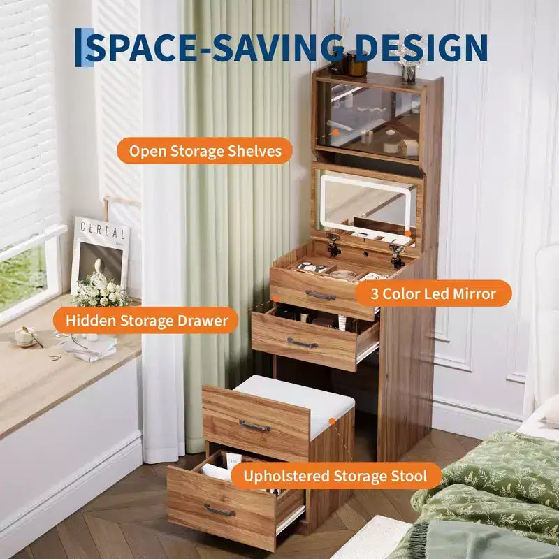 Coiffeuse 3-en-1 compacte avec portes en acrylique, boîte à bijoux et chaise intégrée