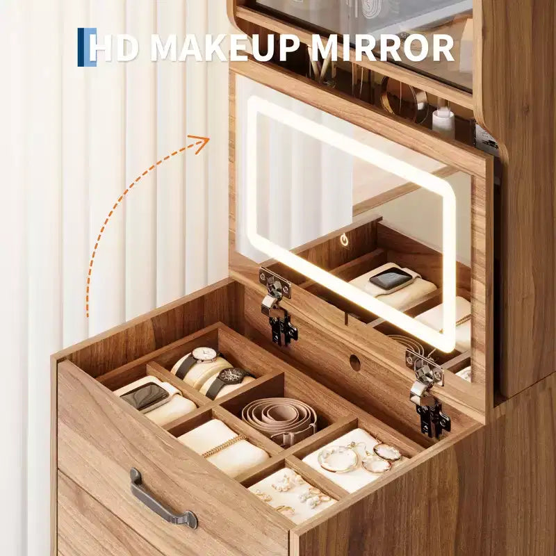 Coiffeuse 3-en-1 compacte avec portes en acrylique, boîte à bijoux et chaise intégrée