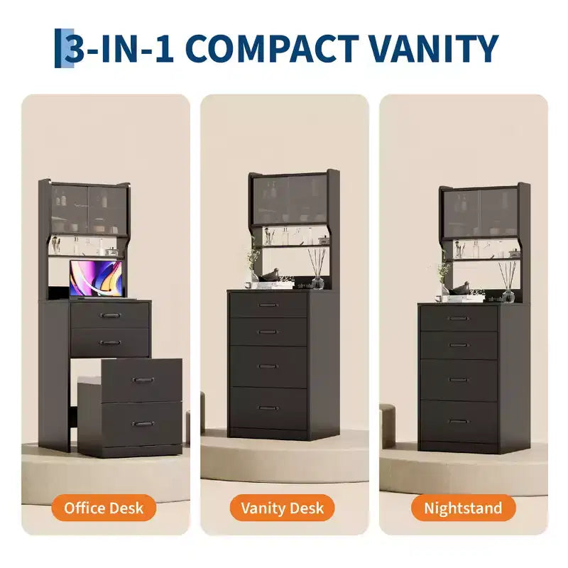 Coiffeuse 3-en-1 compacte avec portes en acrylique, boîte à bijoux et chaise intégrée
