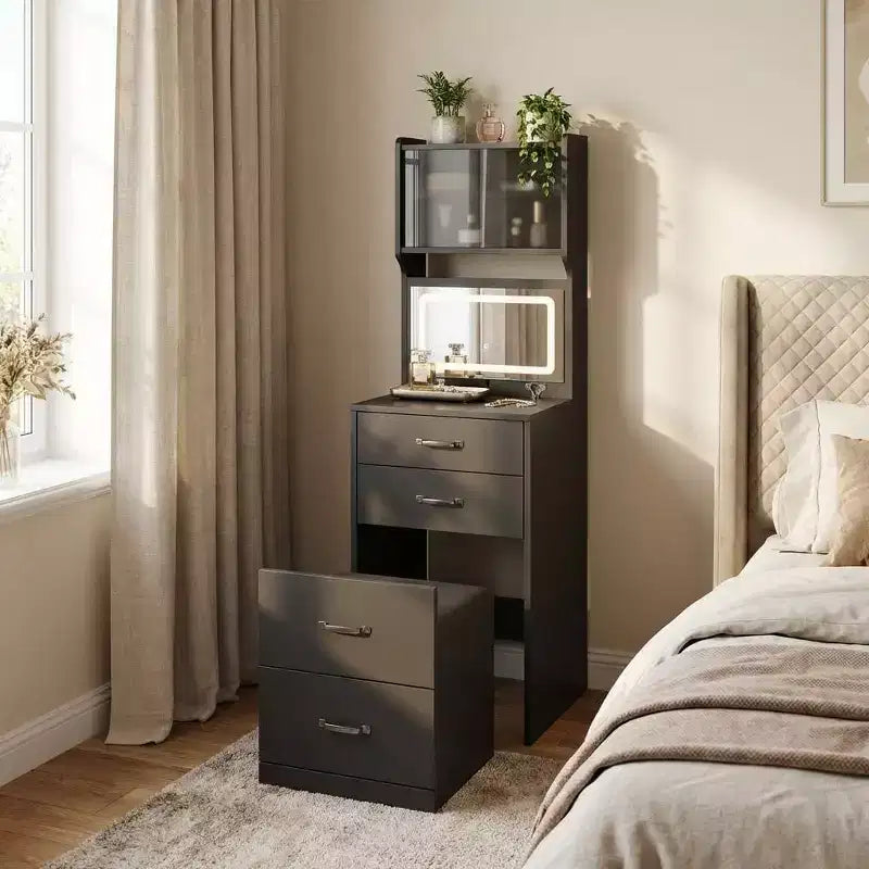 Coiffeuse 3-en-1 compacte avec portes en acrylique, boîte à bijoux et chaise intégrée