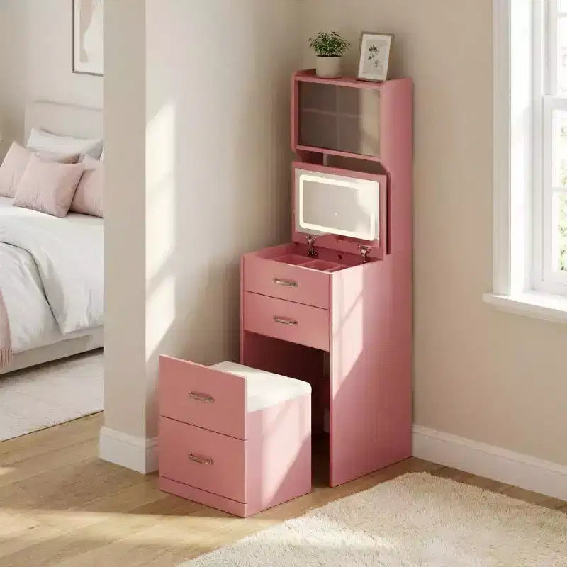 Coiffeuse 3-en-1 compacte avec portes en acrylique, boîte à bijoux et chaise intégrée